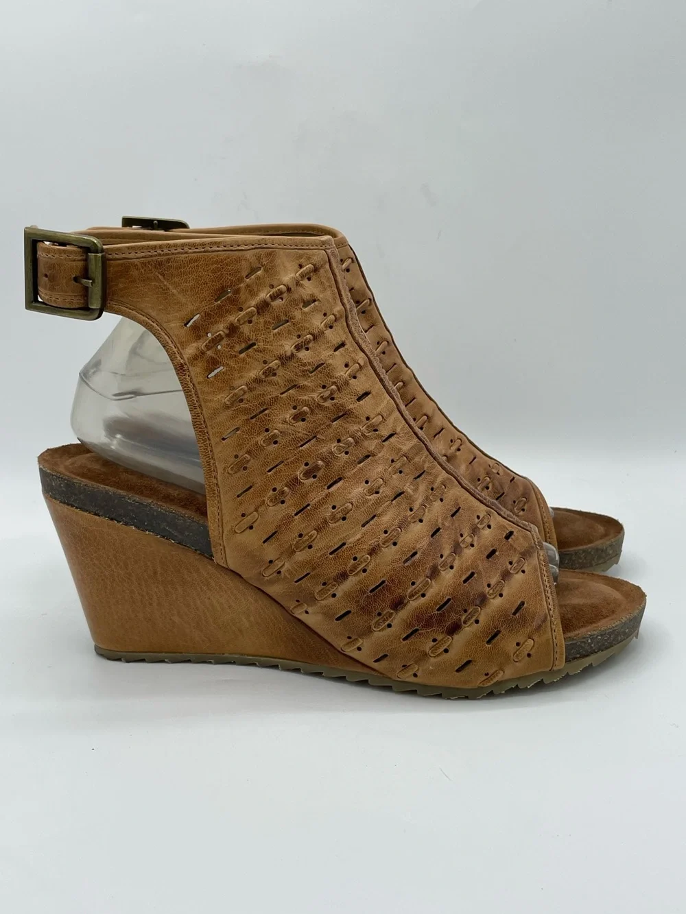 Diba True Need Be Tan Distressed Boho Perforated Leather Wedge Sandals.